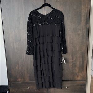 Alex Evenings Black Sequin Lace Tiered Dress